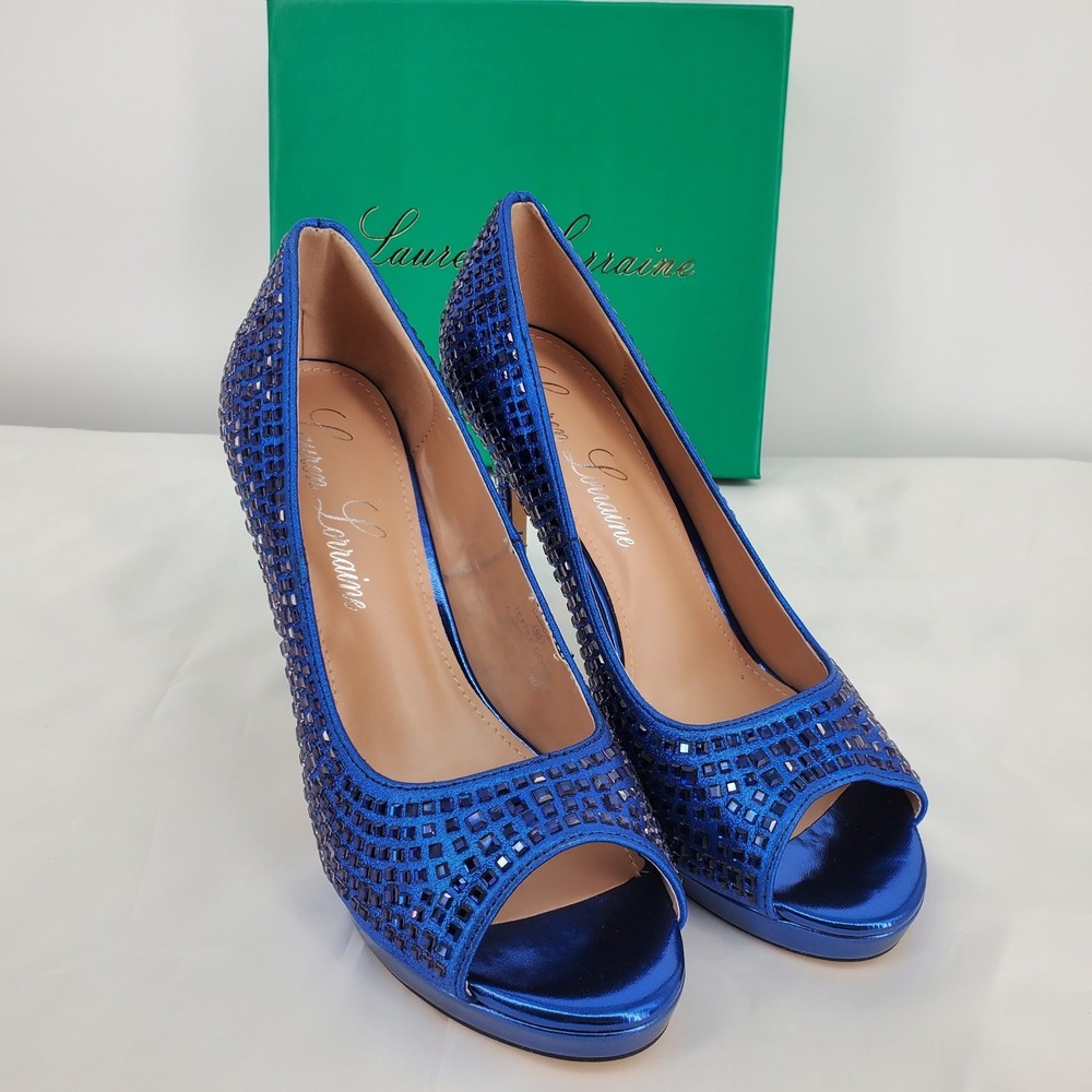 Lauren Lorraine Size 9.5 Candie‎ 12 Rhinestone Peep Toe Platform Heels Navy Blue